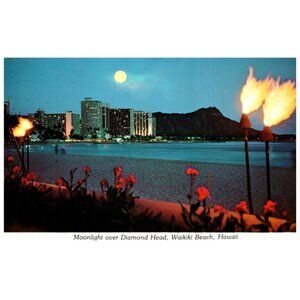 Vintage Postcard 1980s? Moonlight over Diamond Head Waikiki Beach Hawaii adverti